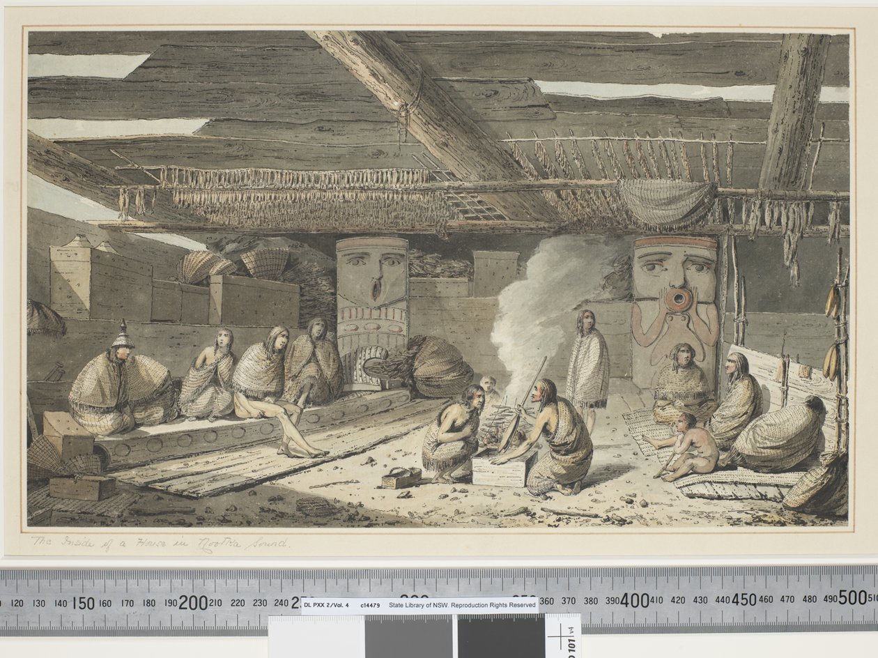 F.24努特卡湾的房屋内部，约1773年-84年（水彩） 作者 约翰·韦伯