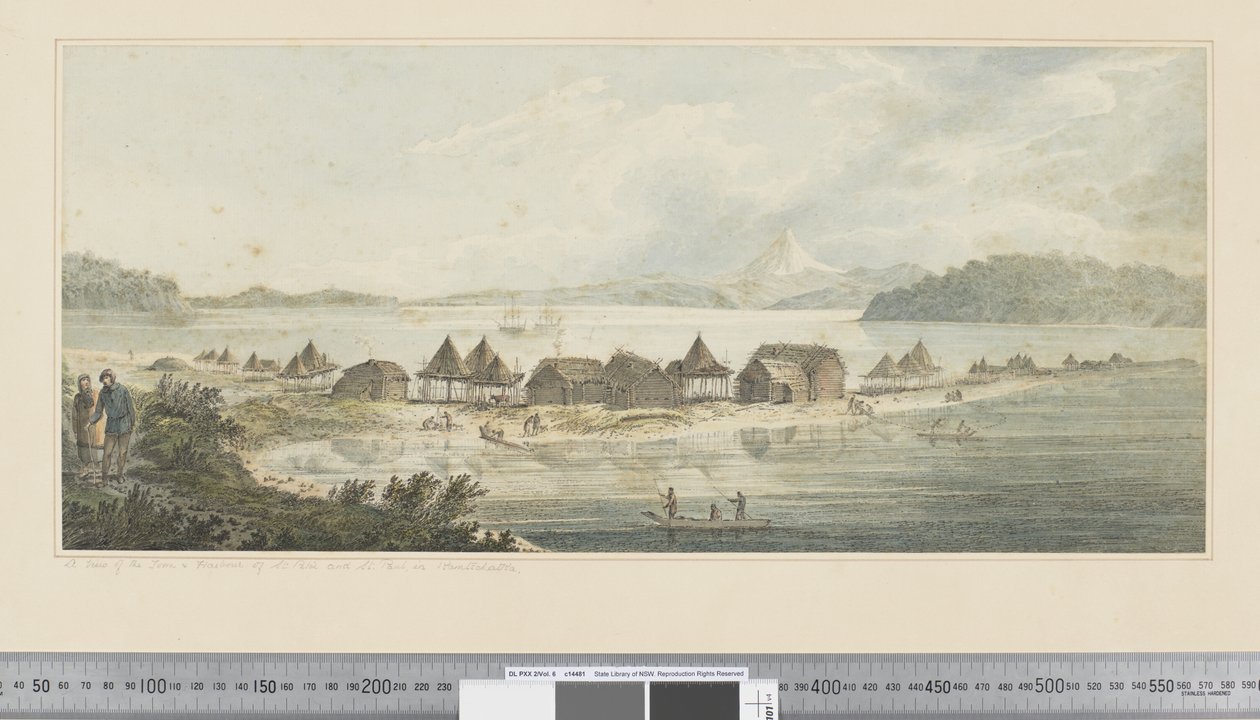 F.41 堪察加的圣彼得和圣保罗的城镇和港口景观，约 1783-84 年（水彩） 作者 约翰·韦伯