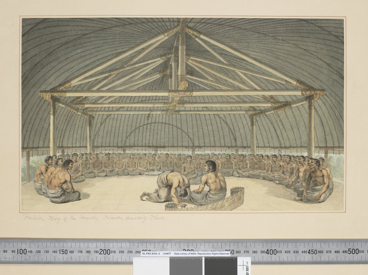 F.7 友好群岛国王Poulaho喝卡瓦，约1773-84年（水彩）。 作者 约翰·韦伯