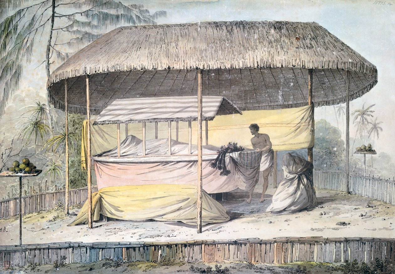 大溪地，社会群岛，约翰-韦伯（1750-1793）的水彩画，来自詹姆斯-库克船长最后一次航行（1776-1779）的描述，波利尼西亚。 作者 约翰·韦伯