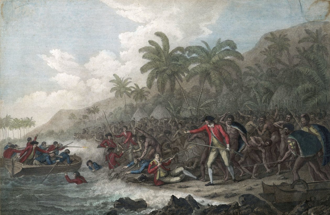Le capitaine James Cook (1728-1779, explorateur britannique) tue par les indigenes hawaiens, dans la baie Kealakekua, sur les iles Sandwich (Polynesie), en 1779 - The Death of Captain James Cook on February 14 作者 约翰·韦伯