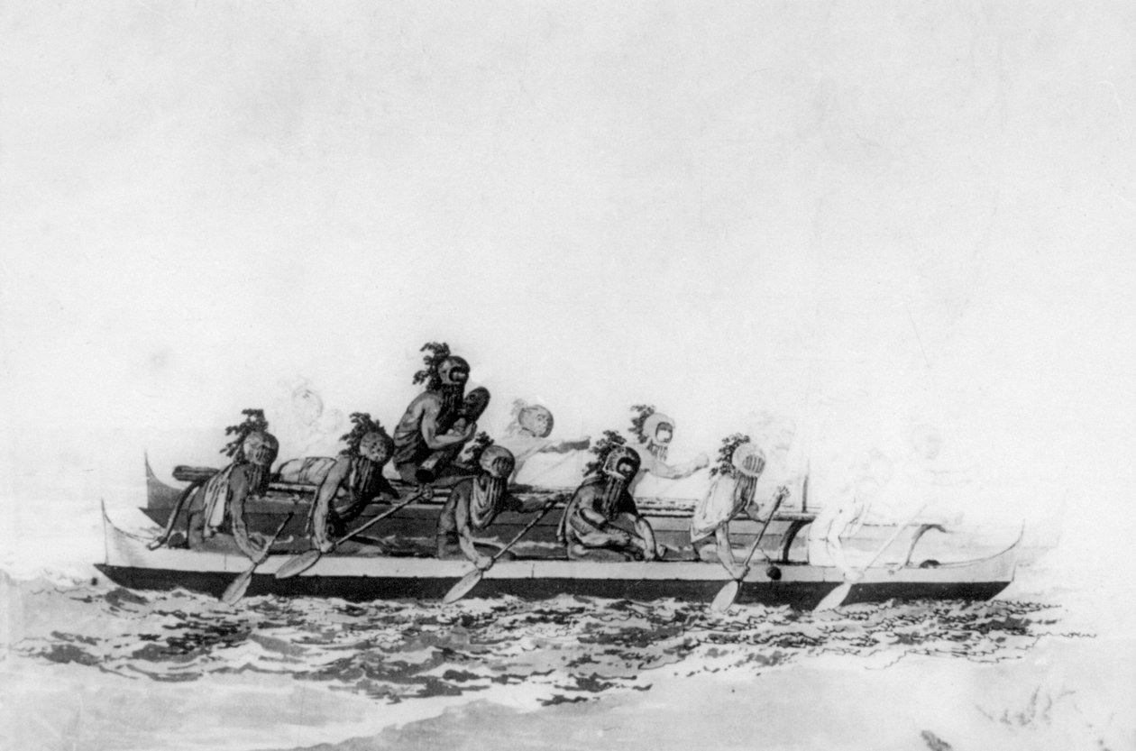 双重独木舟中的蒙面夏威夷人，c1770-1793。 作者 约翰·韦伯