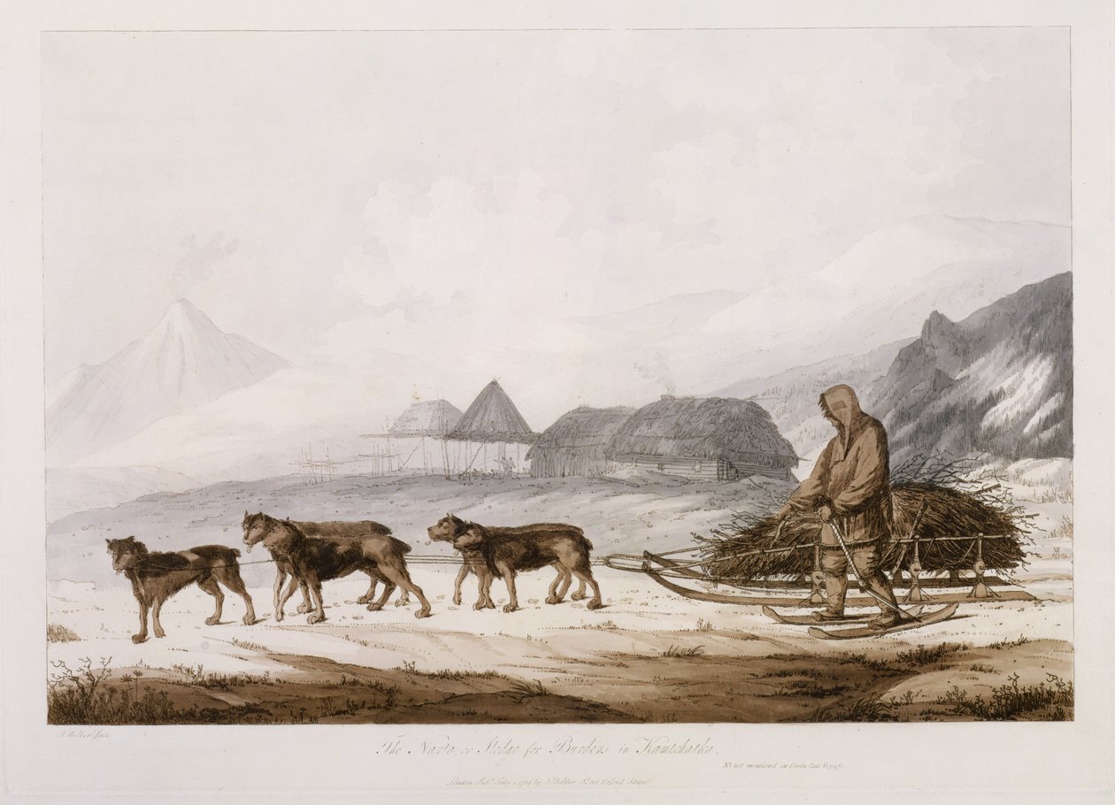 Narta，或Kamtschatka的负担雪橇，来自“南海的景色”，酒吧。 1789年 作者 约翰·韦伯