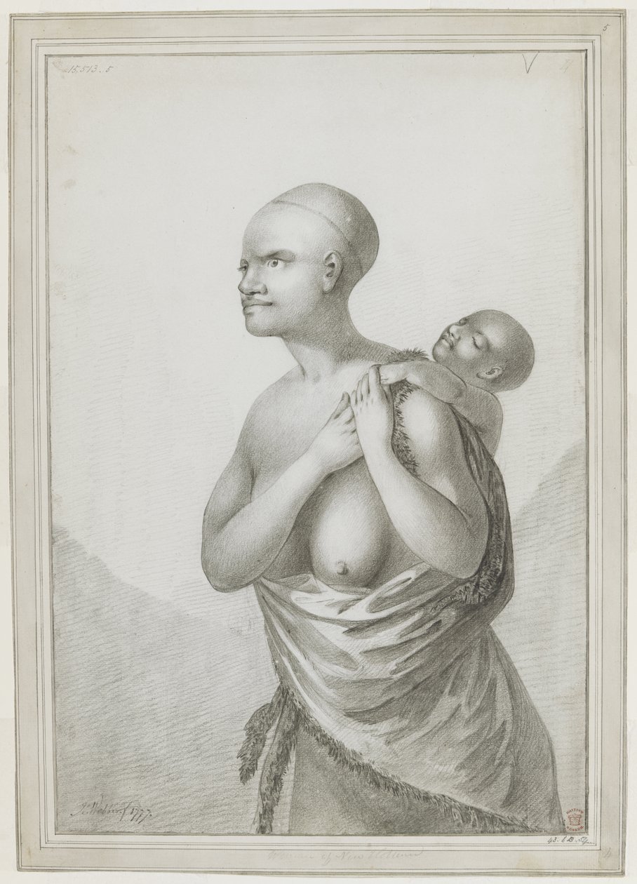 [整幅画] 一名塔斯马尼亚妇女背着一个孩子，左肩上挂着一张皮，挂在腰间。1777 年 1 月 作者 约翰·韦伯