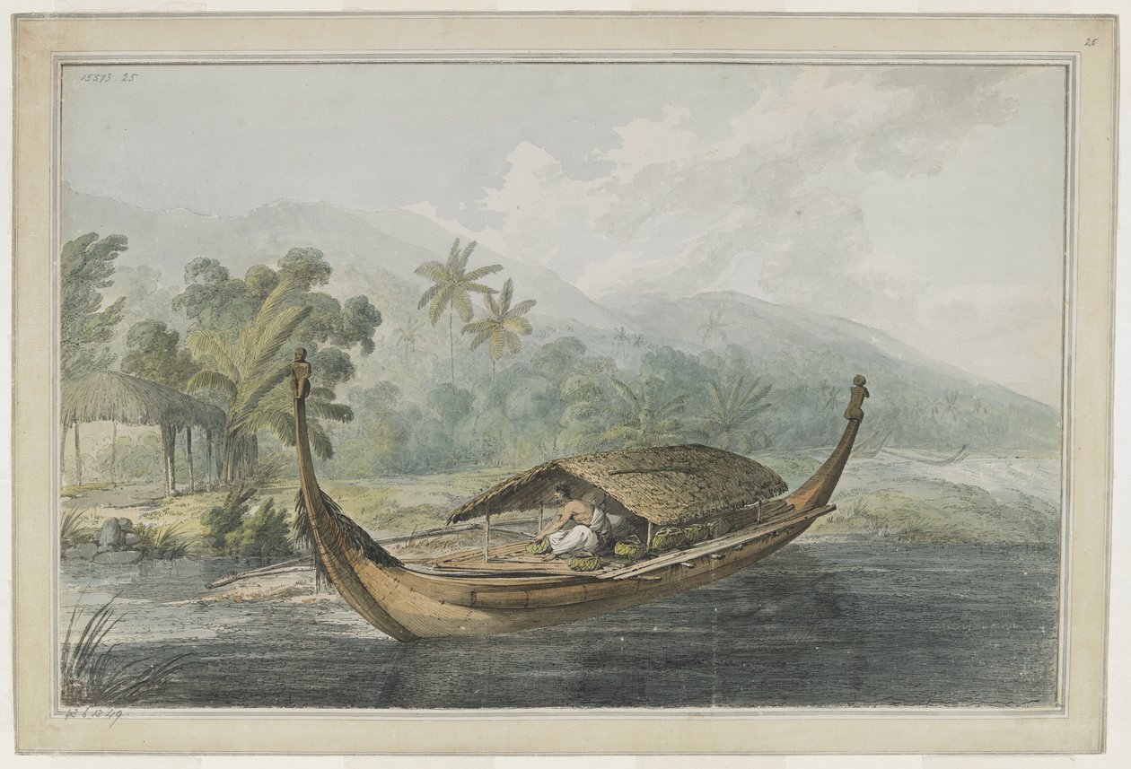 [全图] Ulietea [Raiatea] 的独木舟。 一名男子提着当地的篮子，坐在带有茅草屋顶的支腿“pahi”的木板上。 船首和船尾上方雕刻着提伊坐像。 背景是搁浅在海滩上的独木舟。 作者 约翰·韦伯