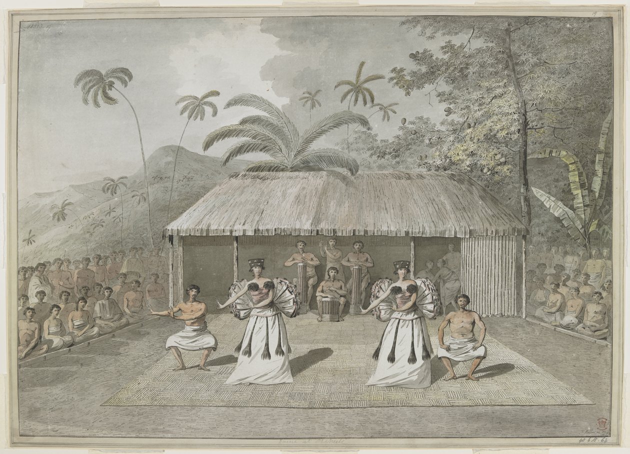 [全图] Otaheite [塔希提岛] 的舞蹈或heiva。两个男人和两个女人在跳舞，后面有鼓手，两边都有观众。 1777 年 9 月 作者 约翰·韦伯