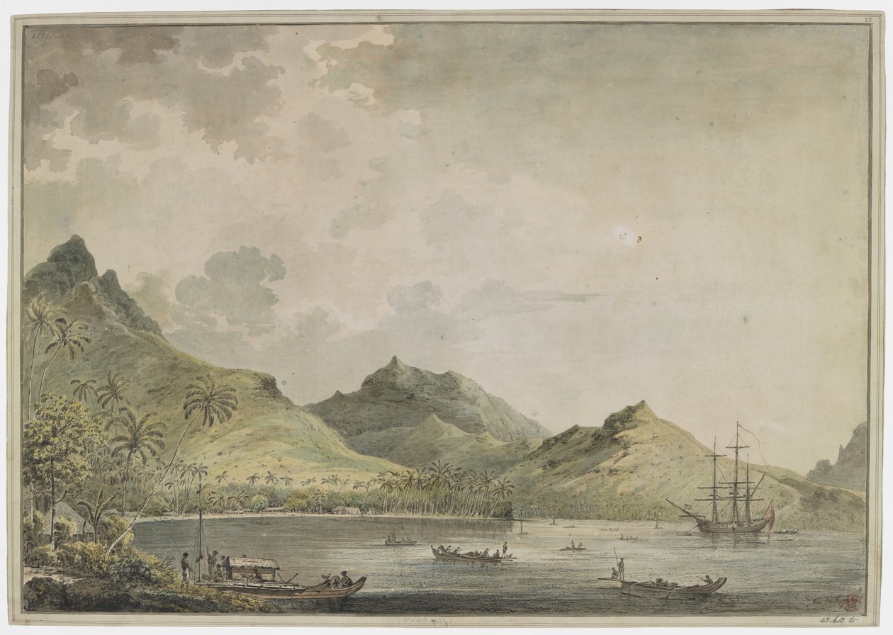 [全图]。 胡阿希内岛港口 [Fare Harbour] 的景色。 背景是高峰山脉，包括图里山。 海湾里停泊着“Resolution”号和许多本土船只，岸上一群当地人正在照管一艘带有甲板室的双独木舟 作者 约翰·韦伯