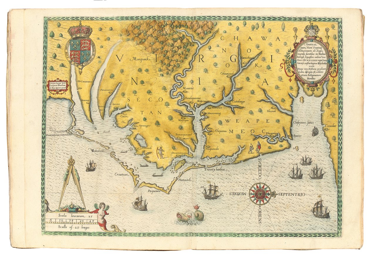 弗吉尼亚州地图，显示沃尔特·罗利爵士的探险队在1585年，1590年的到来 作者 约翰怀特