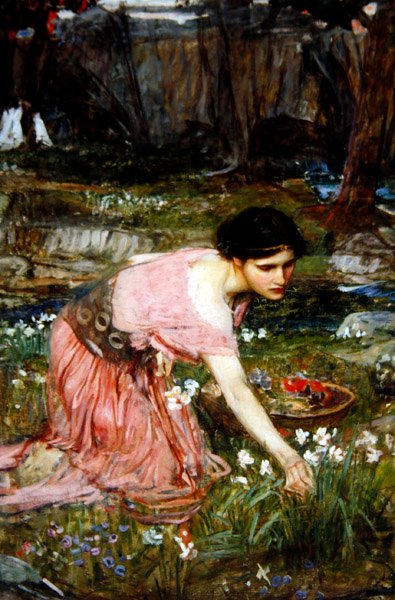 溪边采花的少女，约1911年（布面油画）。 作者 约翰·威廉姆·沃特豪斯