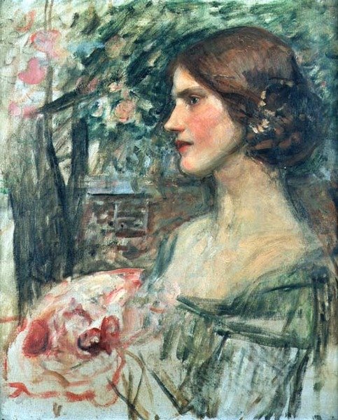 穿绿衣服的女士的肖像，或花束，约1908年（布面油画 作者 约翰·威廉姆·沃特豪斯