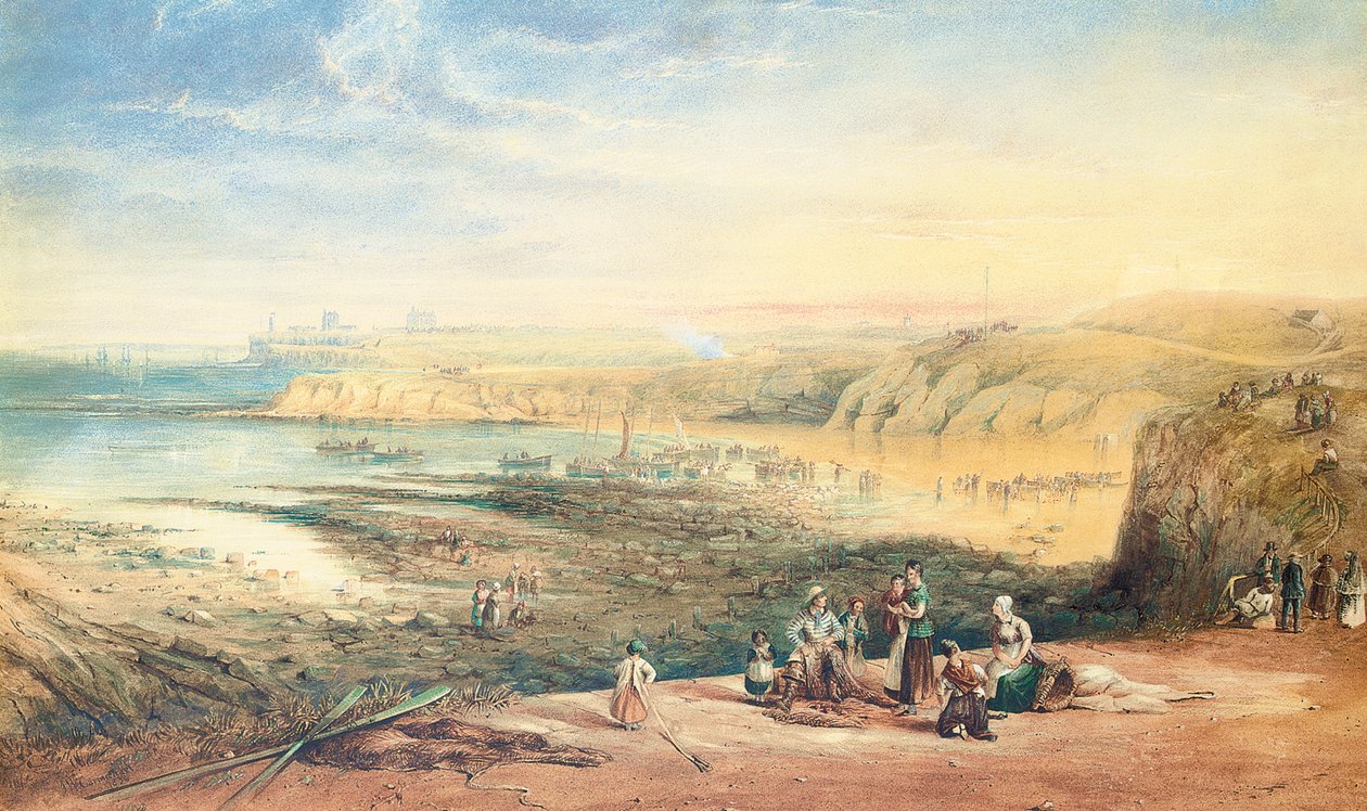 望着诺森伯兰州泰恩茅斯的工装外套，渔民在前景中，1836年 作者 约翰·威尔逊·卡迈克尔