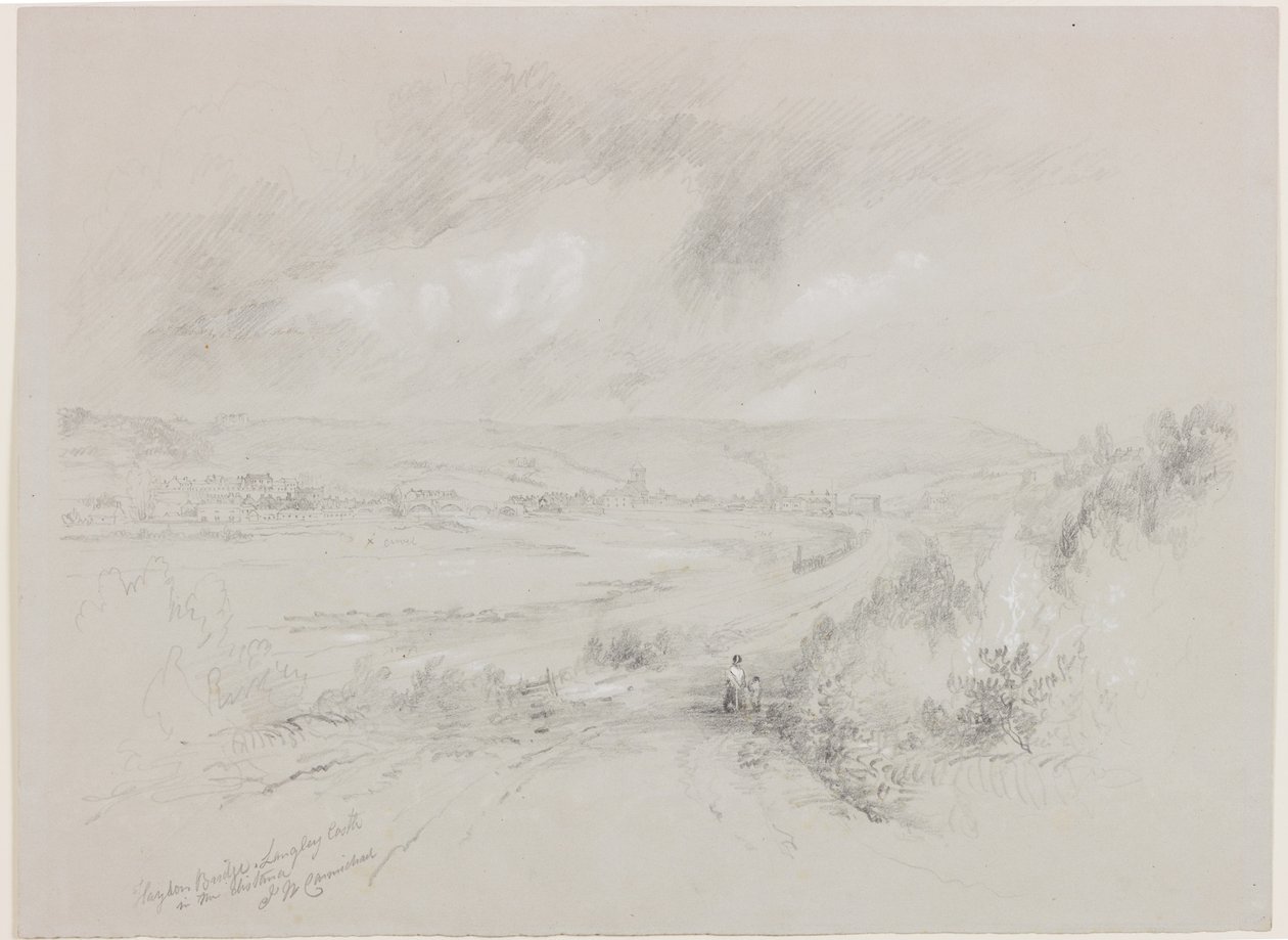 海顿大桥，距离兰利城堡（bc und pencil on paper） 作者 约翰·威尔逊·卡迈克尔