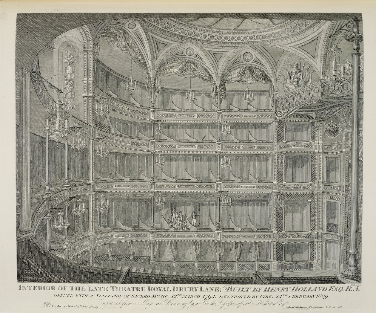 皇家晚剧院的内部，Drury Lane，在伦敦，由亨利荷兰建造，1794年，1809年被Fire摧毁，由戴尔雕刻，1820年 作者 约翰·温斯顿