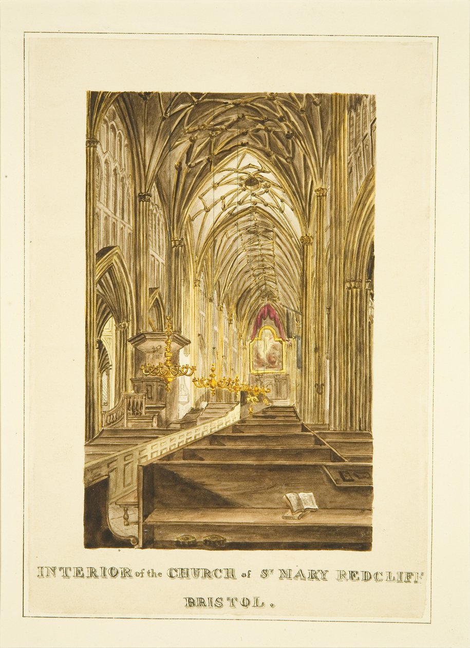 圣玛丽-雷德克里夫中心过道的景色，向东看，显示霍加思祭坛画，约1824年（纸上铅笔和水彩）。 作者 约翰·威瑟斯