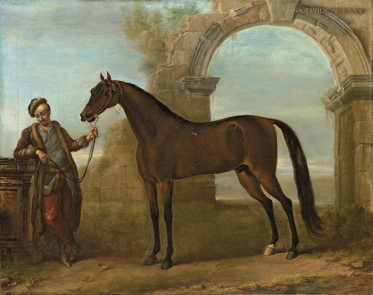 戈多芬·阿拉比恩（Godolphin Arabien），新郎举行，风景如画，拱成拱顶，1731 作者 约翰·伍顿