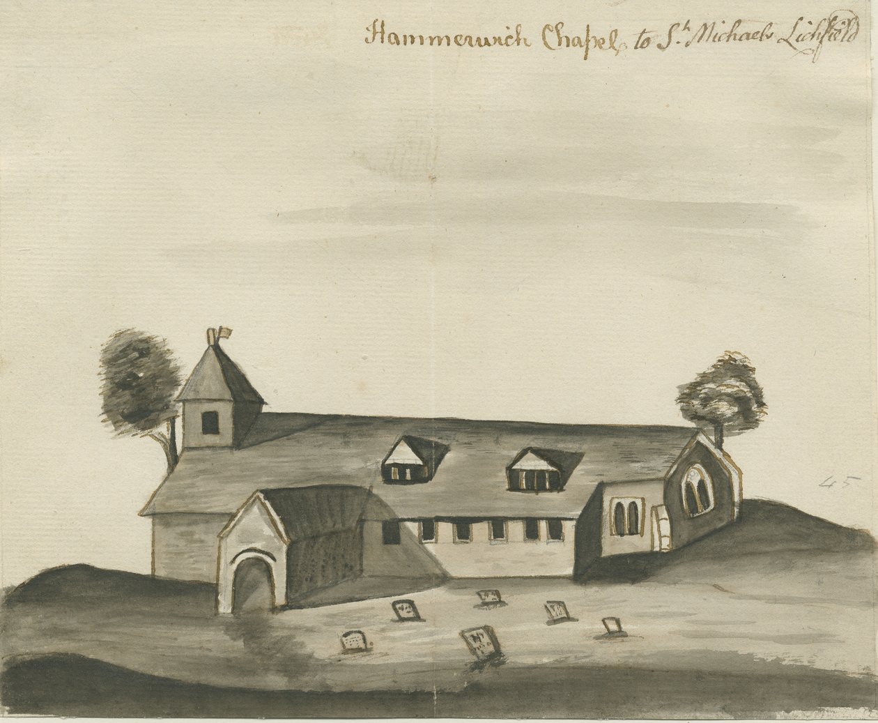 哈默里奇教堂（Hammerwich Church）：棕褐色绘图，nd [c 1780] 作者 约翰·赖特