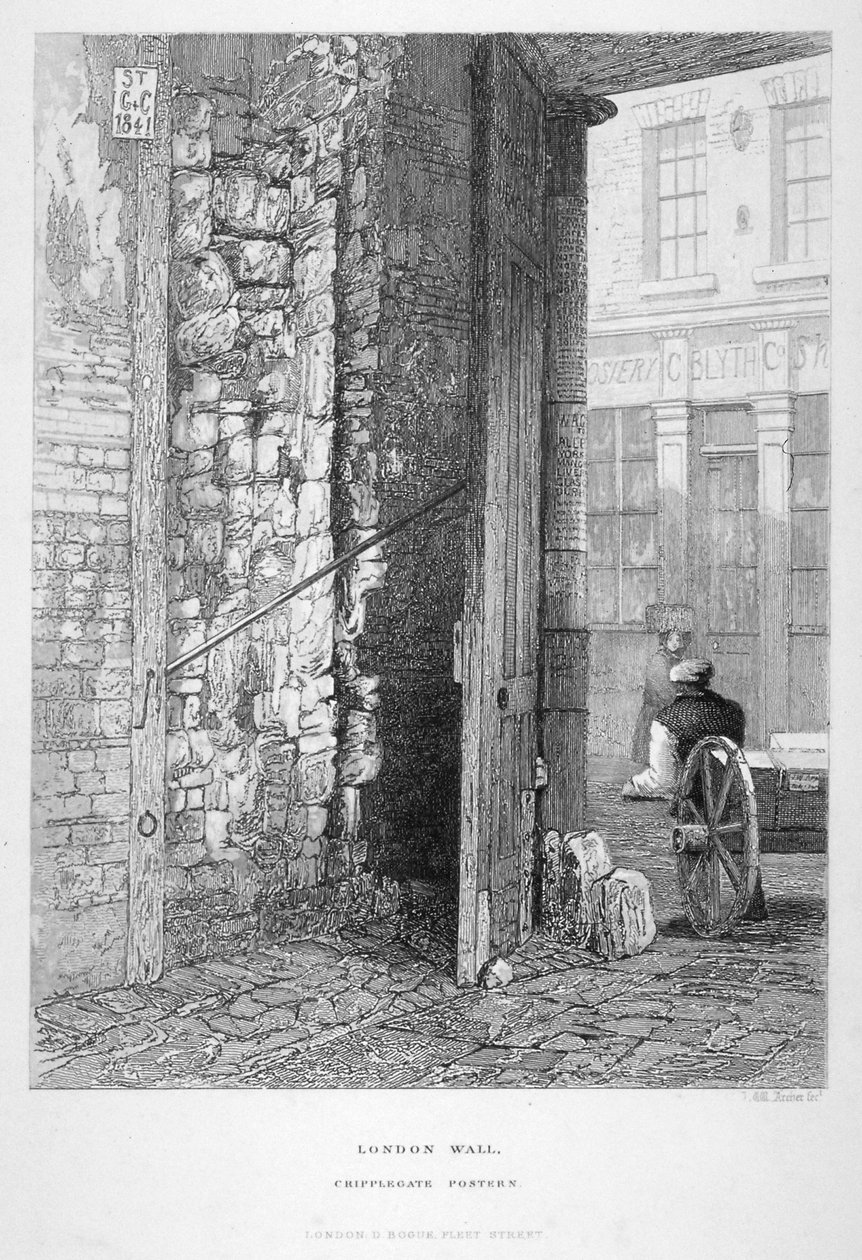 Cripplegate Postern，位于伦敦墙外的St Giles教堂墓地，1851年，伦敦。 作者 约翰·威克汉姆·阿彻