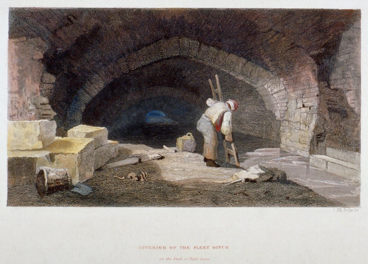 伦敦市田野巷后面的舰队沟渠内部，1851年。                  作者 约翰·威克汉姆·阿彻