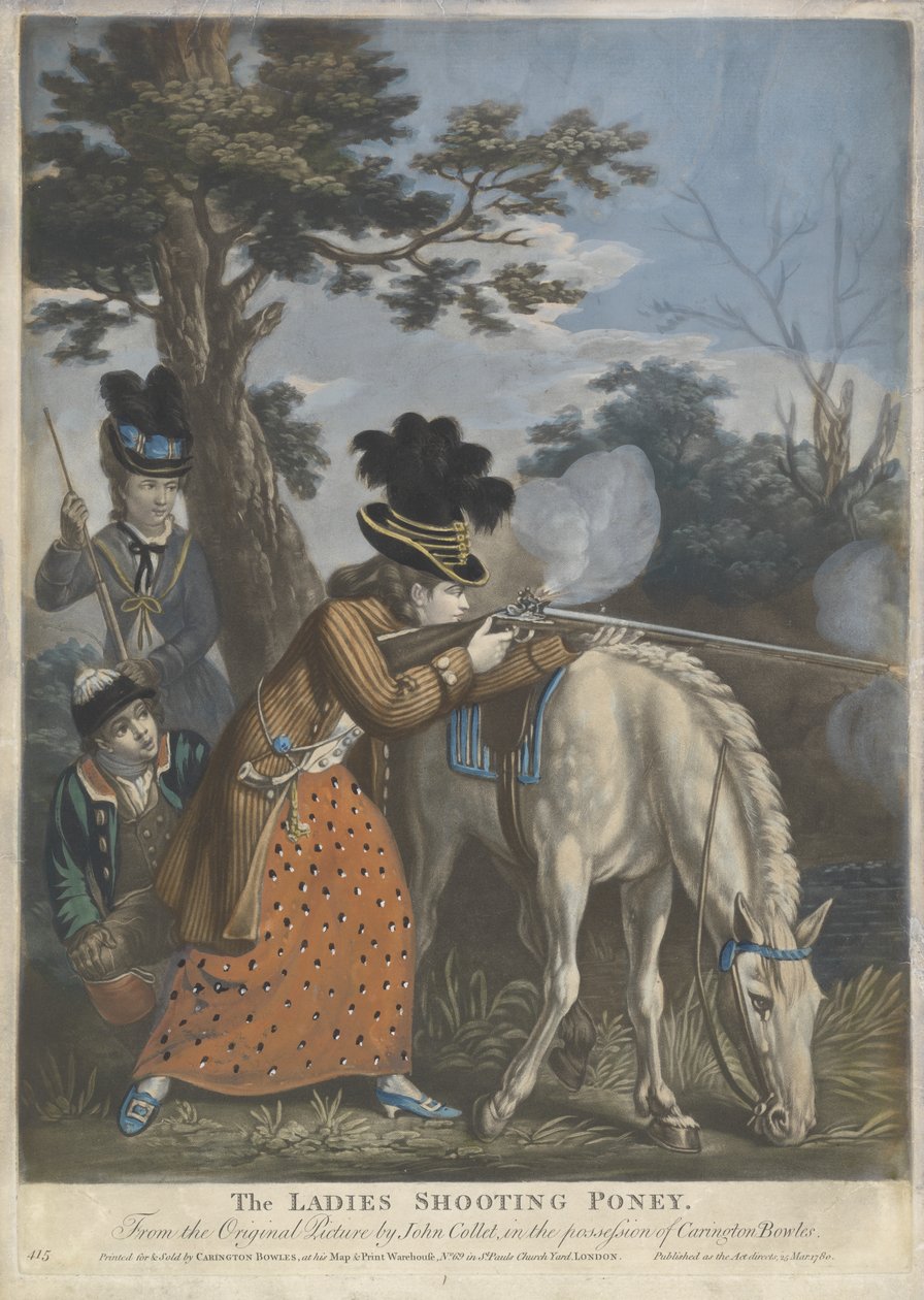 1780年的女士射击队员（编织纸上的手工彩色mezzotint） 作者 约翰·科莱特之后