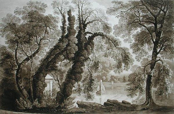 从对面看的寺庙喷泉，Sezincote，由Frederick Christian Lewis Snr雕刻。 （1779-1856），c.1817-18（sepia aquatint）（另见171661） 作者 约翰后马丁