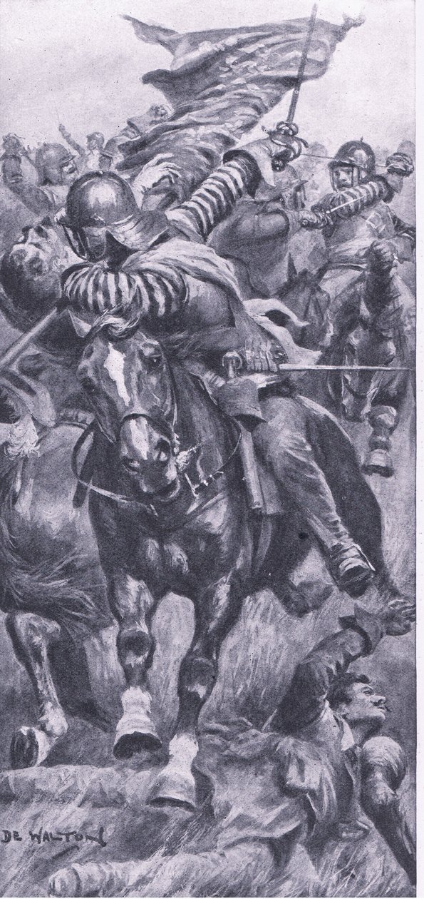 Lieutenat John Smith于1642年10月23日在Edgehill重新夺回国王标准，1915年英国陆地和海上战役的插图 作者 约翰·德·沃尔顿