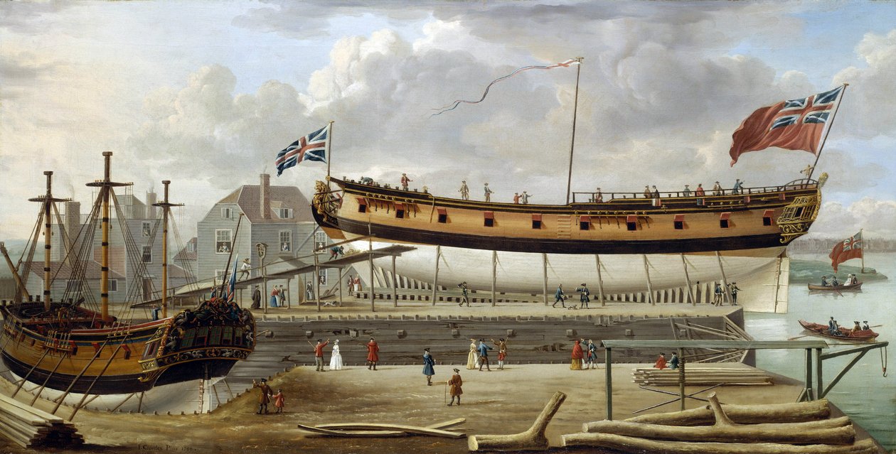 六级舰（sixth-rate），英国皇家海军战舰，位于干船坞中，造船厂可能是泰晤士河南岸的罗瑟希特造船厂（英国） 作者 约翰·克里夫利