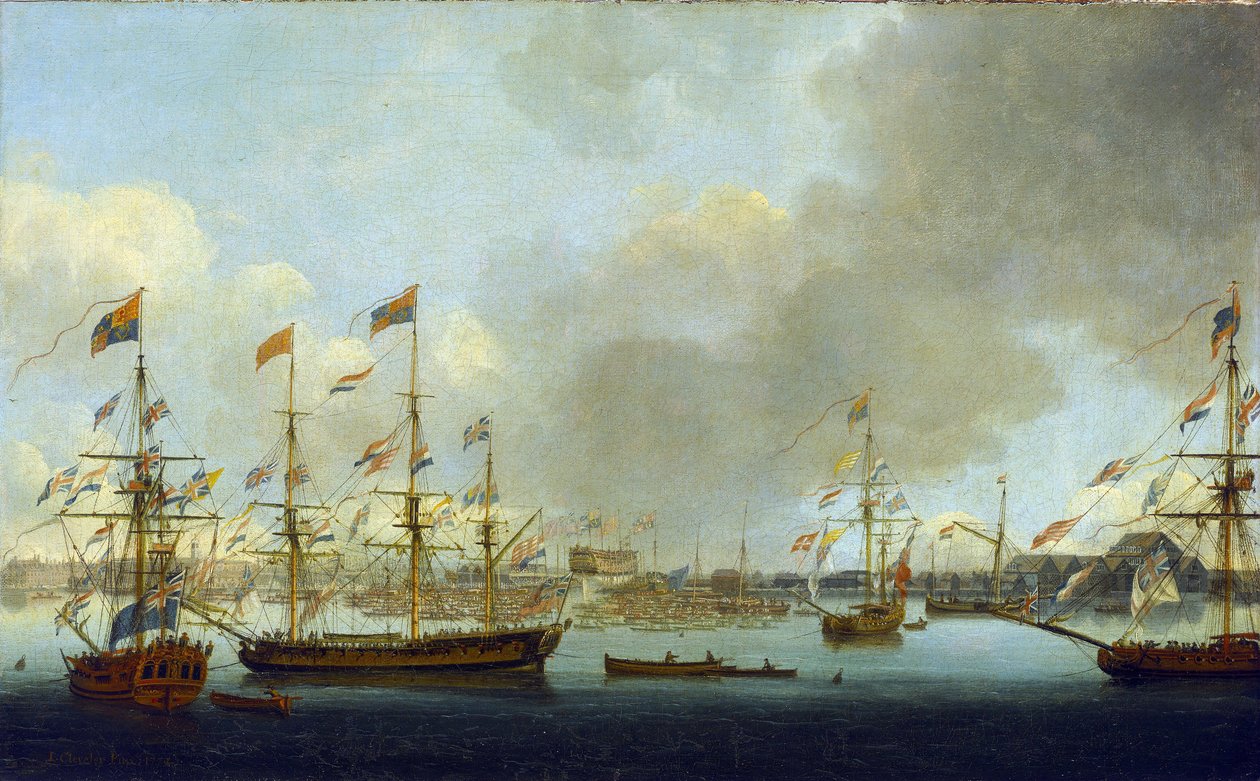 1778 年，英国皇家海军 "亚历山大 "号战舰在英格兰德普福德下水，这是一艘配备 74 门大炮的战舰，曾参加过尼罗河战役（或 1798 年阿布基尔战役）。 作者 约翰·克里夫利