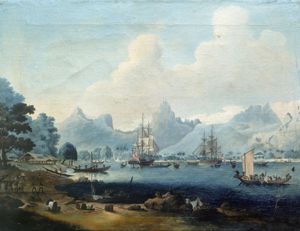 詹姆斯-库克探险（1728-1779 年）期间，停泊在大溪地莫雷阿（Moorea）的 "决议 "号和 "发现 "号军舰，画家于 1772-1773 年参加了探险。 作者 约翰·克里夫利