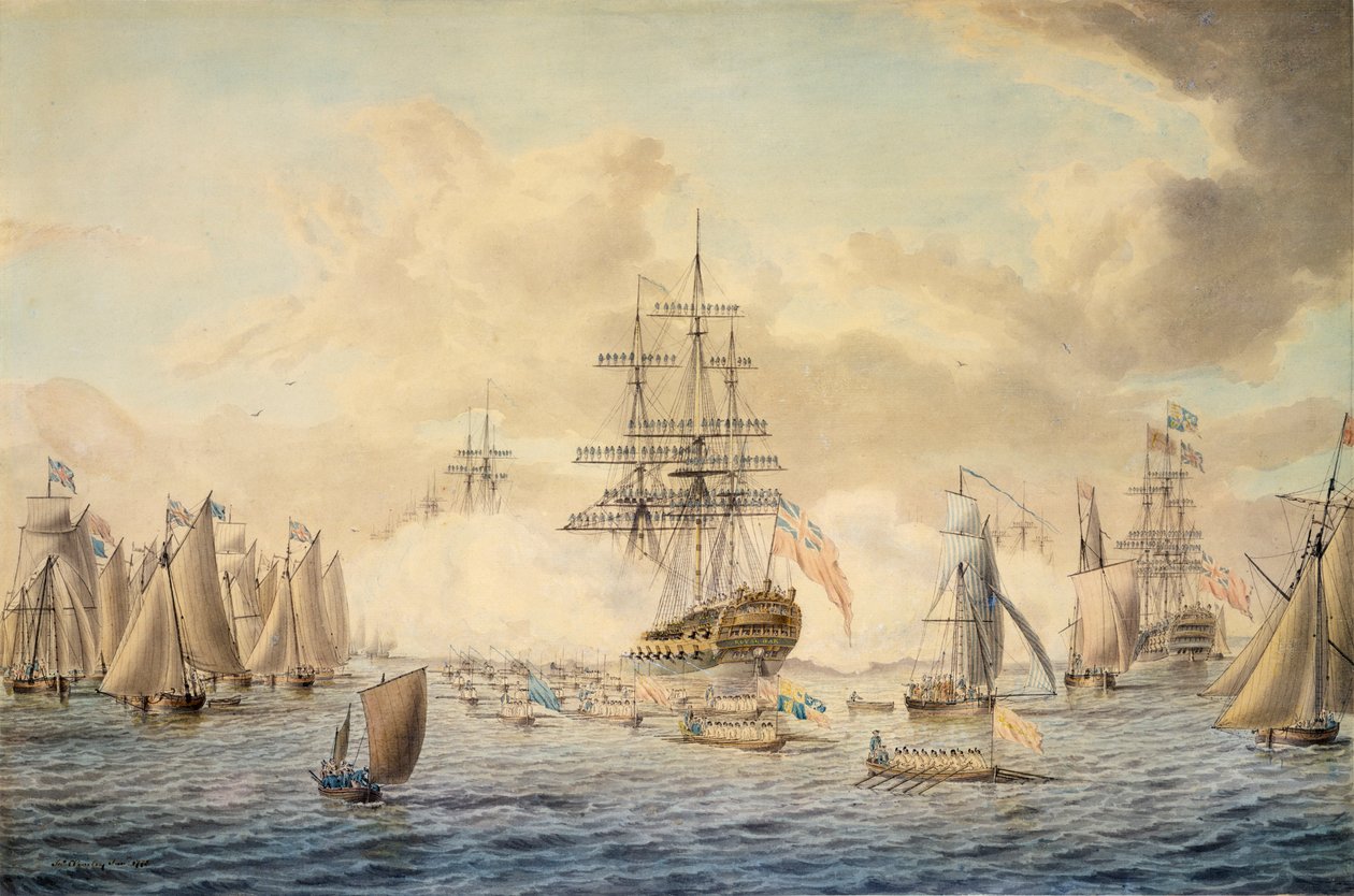1773 年 6 月 22 日，乔治三世在斯皮特黑德检阅舰队，描绘 "皇家橡树 "号军舰 作者 约翰·小克里夫里