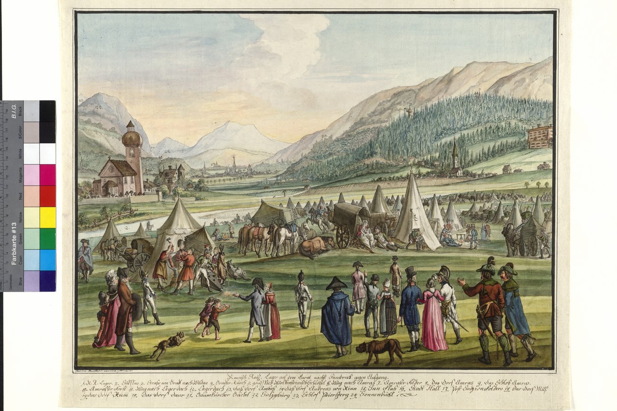 1799 年因斯布鲁克 Neurauth 河畔的俄罗斯帝国营地（水彩画） 作者 乔科布·普拉西杜斯·阿尔特穆特