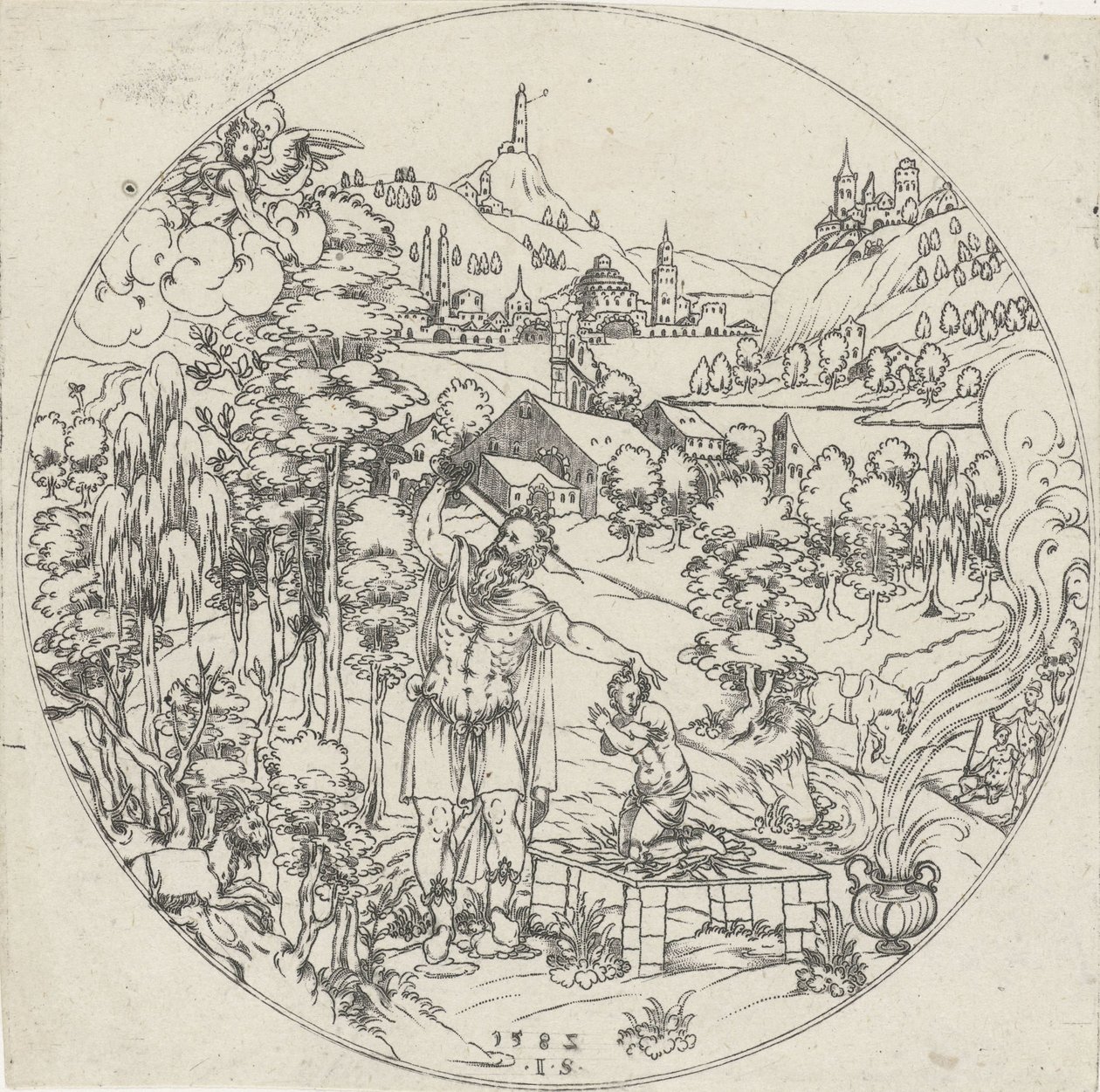 亚伯拉罕献祭以撒
碗底：以圣经和神话为题材的风景画（系列名称） 作者 乔纳斯·西尔弗（Jonas Silver）