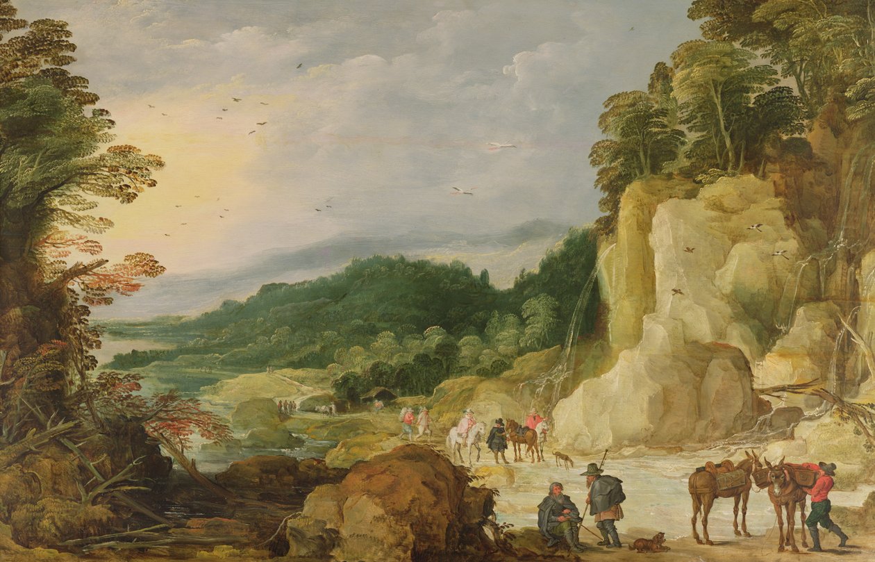 与瀑布的一个山风景和在福特的旅客 作者 Joos或Josse de Momper