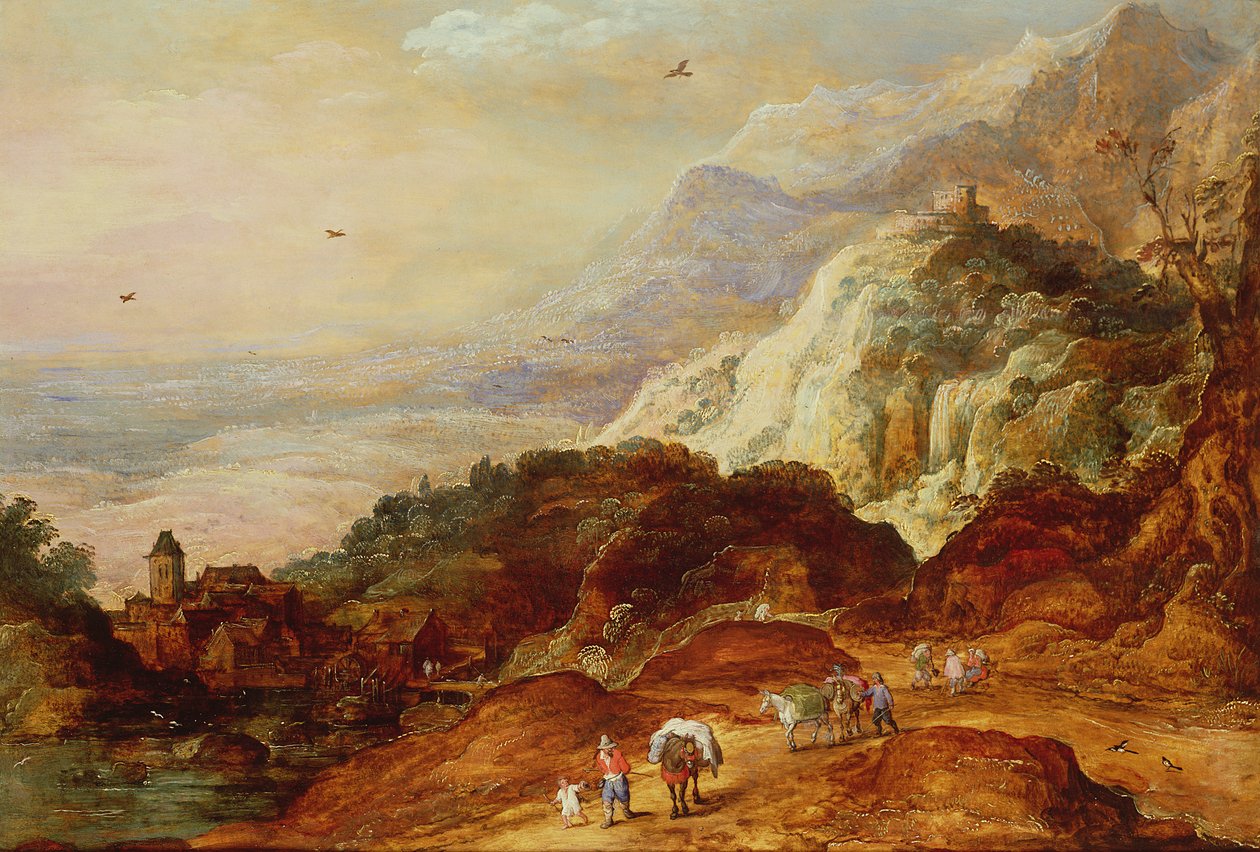 与数字和骡子的山地风景 作者 Joos或Josse de Momper