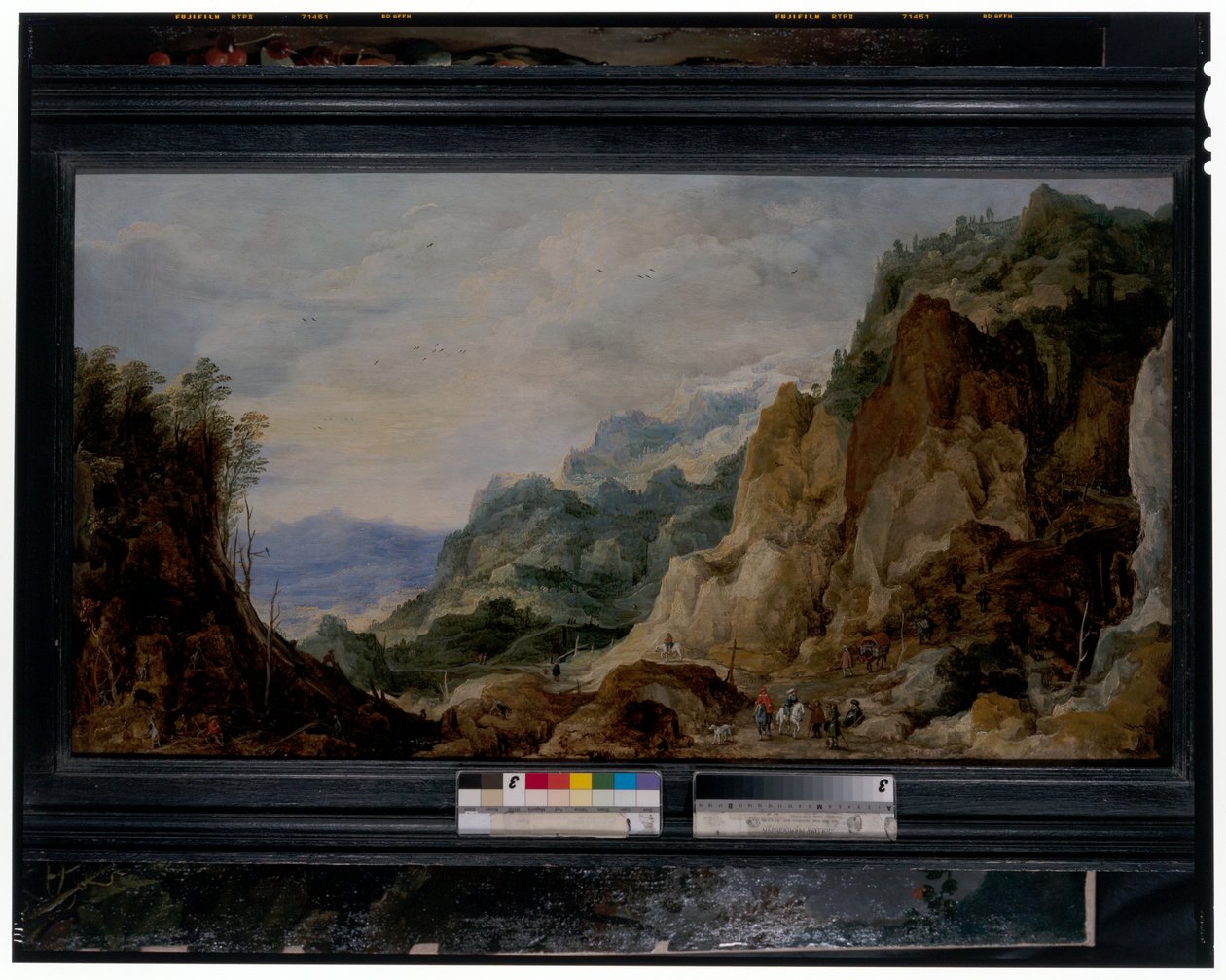 全景山地景观，熟练工为穷人提供帮助，远处还有驮马 作者 Joos或Josse de The Younger Momper