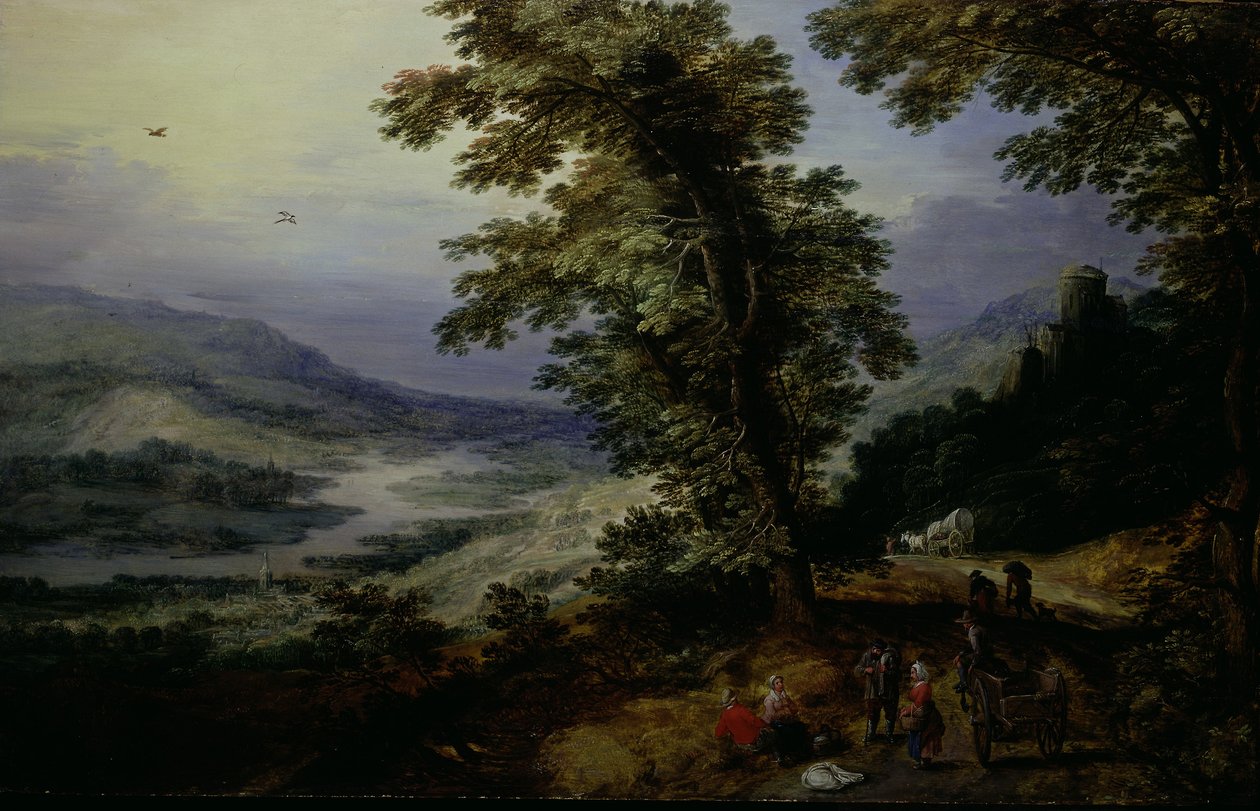 有旅行者的山路，约 1610-25 年（油画，镶板） 作者 Joos或Josse de The Younger Momper