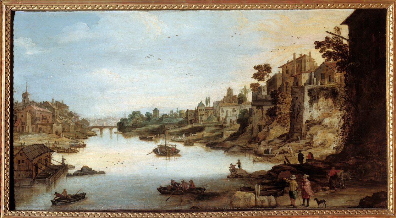 罗马台伯河 (Tevere) 的景色 左边的高跷房子。 Josse Momper II (1564-1635) 的绘画 作者 Joos或Josse de The Younger Momper