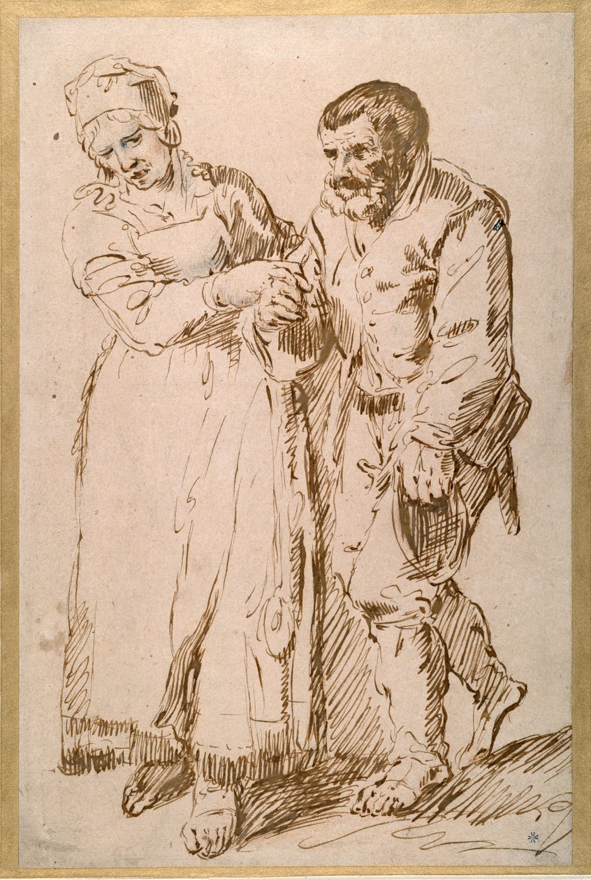 一位老农在妻子的引导下走过的台阶（纸上粉笔水墨）。 作者 Joos van (attr. To) Craesbeeck