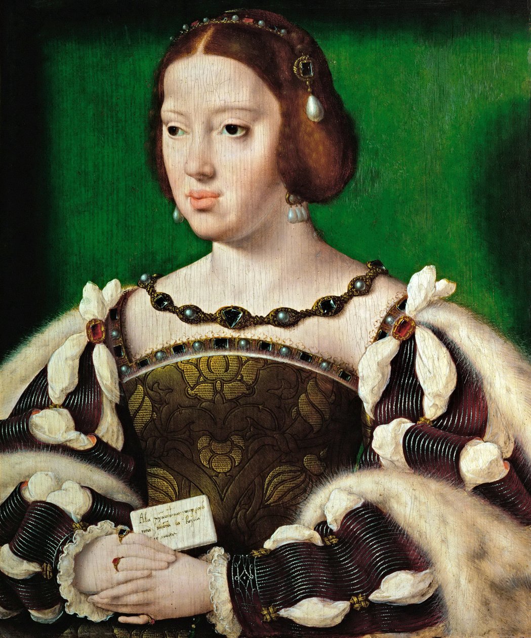 早期尼德兰艺术：奥地利女王埃莉诺（1498-1558）的肖像，由Cleve, Joos van（约1485-1540）绘制，1530年后。木板上的油画，35.5x29.5。艺术历史博物馆，维埃纳 作者 乔斯范克里夫