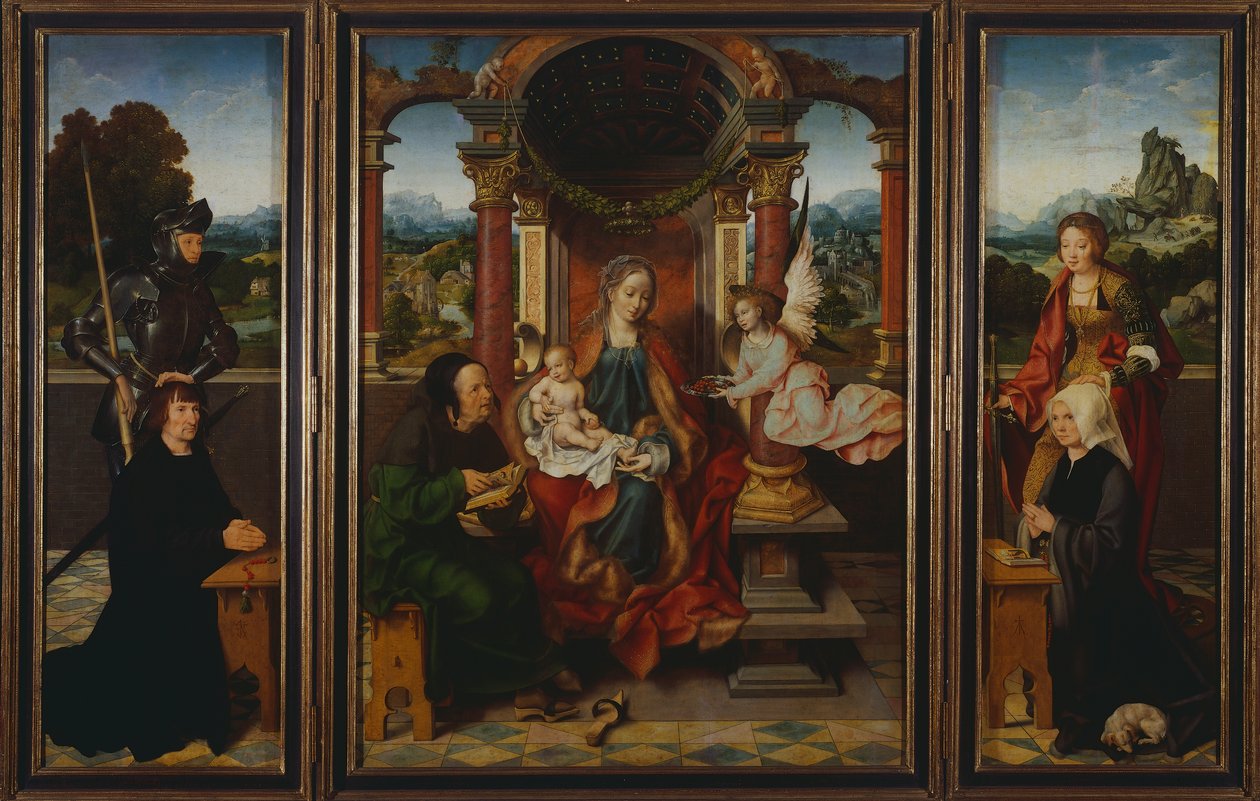 神圣家族，约 1530 年，Joos Van Cleve（1485-1540 年），三联画。 比利时 作者 乔斯范克里夫