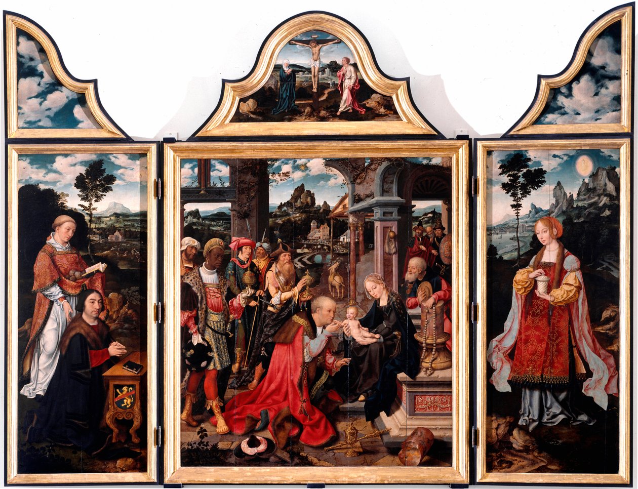 贤士崇拜的胰蛋白酶。 Joos Van Cleve the young (1485-1540) 1515 Dim 在木头上作画。 260x200 厘米基因，圣多纳托教堂 作者 乔斯范克里夫