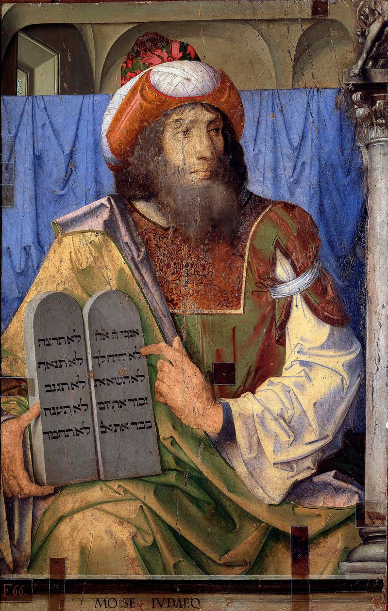 杰出人物肖像：摩西和律法书。 Joos van Wassenhove（或 Justus van Gent 也被称为 Josse 或 Jodocus of Ghent，或 Giusto di Ghent 或 Juste de Ghent，活跃于 1460-1475 年之间）的绘画。 在木头上作画。 昏暗：74 x 115 厘米。 博物馆 作者 乔斯·范·根特（Joos van Gent）（1460年75）
