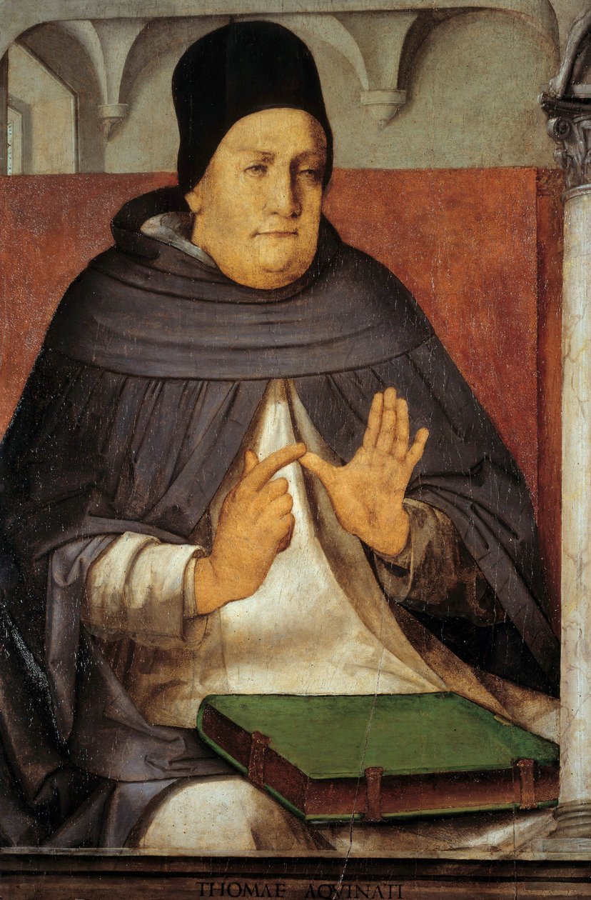 圣托马斯·阿奎那 (1225-1274) 教堂博士的代表作于 Juste de Ghent (Joos van Wassenhove)（约 1435-1475 年左右）（ec.flam.）15 世纪太阳的木头上的绘画。 1,14x0,76 m 作者 乔斯·范·根特（Joos van Gent）（1460年75）