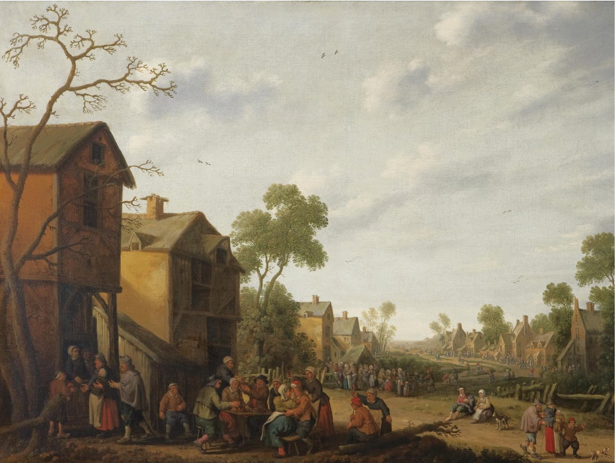农民在客栈外吃喝的村庄场景，左边是乞丐 作者 Joost Cornelisz Droochsloot