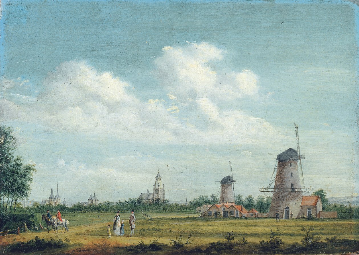 1776年，阿纳姆（Arnhem）的景色，左边是圣沃尔伯格斯克（St. Walburgskerk），右边是格罗特柯克（Grote Kerk），附近有优雅的乡亲散步道 作者 约旦·霍恩（Jordanus Hoorn）