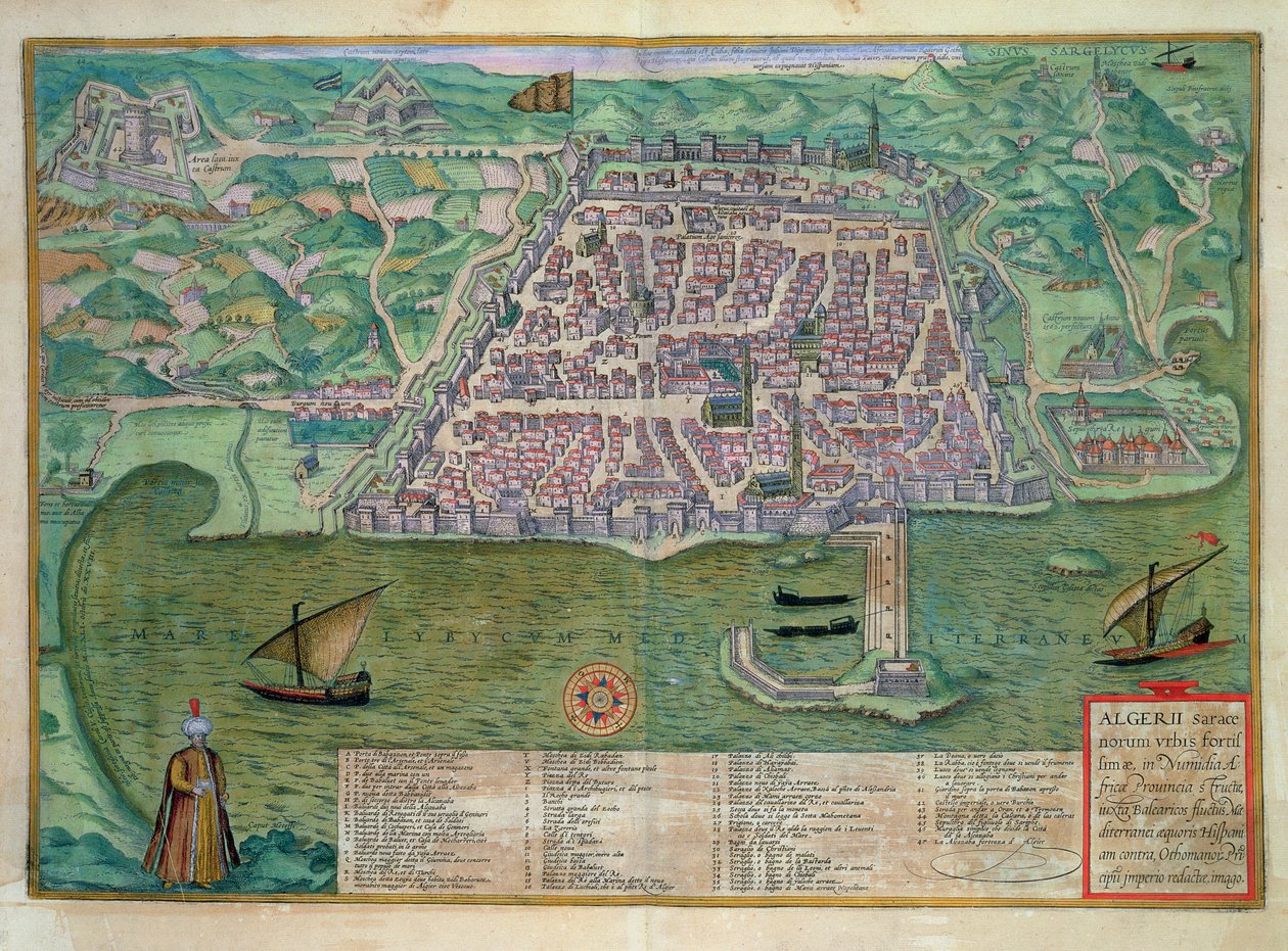 阿尔及尔地图，摘自乔治-布劳恩（1541-1622）和弗兰斯-霍根伯格（1535-90）的《Civitates Orbis Terrarum》，约1572年（彩色雕刻）。 作者 乔里斯（后）霍夫纳格尔