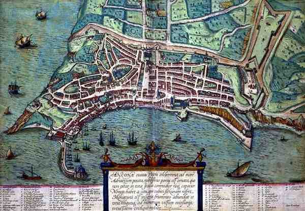 安科纳地图，出自乔治-布劳恩（1541-1622）和弗兰斯-霍根堡（1535-90）的《Civitates Orbis Terrarum》，约1572年（彩色雕刻）。 作者 乔里斯（后）霍夫纳格尔