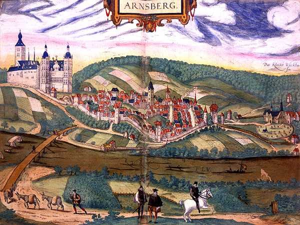 安斯贝格地图，形式为 "Civitates Orbis Terrarum"，由乔治-布劳恩（1541-1622）和弗兰斯-霍根伯格（1535-90）绘制，约1572-1617（彩色雕刻）。 作者 乔里斯（后）霍夫纳格尔