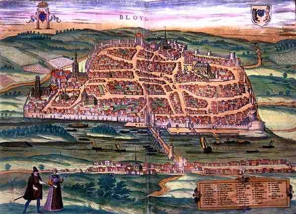 布卢瓦地图，出自乔治-布劳恩（1541-1622年）和弗兰斯-霍根伯格（1535-90年）的《Civitates Orbis Terrarum》，约1572年（彩色版画）。 作者 乔里斯（后）霍夫纳格尔