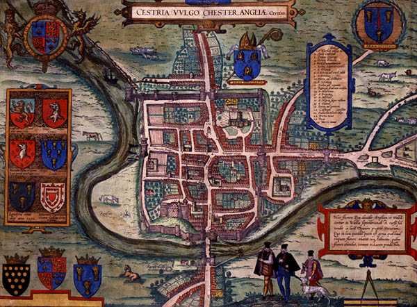 切斯特地图，出自乔治-布劳恩（1541-1622）和弗兰斯-霍根伯格（1535-90）约1572-1617年创作的《Civitates Orbis Terrarum》（彩色雕刻）。 作者 乔里斯（后）霍夫纳格尔