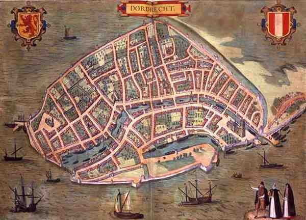 多德雷赫特地图，出自乔治-布劳恩（1541-1622）和弗兰斯-霍根堡（1535-90）的《地球公民》，约1572年（彩色雕刻）。 作者 乔里斯（后）霍夫纳格尔